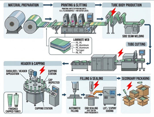 Locations of static accumulation in Lamitube manufacturing